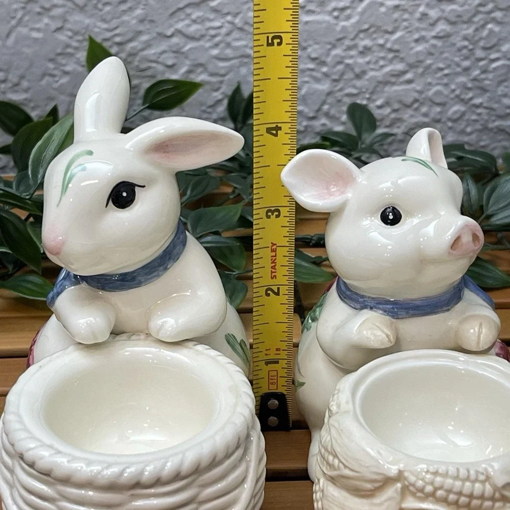 Vintage Lenox Poppies on Blue Barnyard Bunny Rabbit & Pig Votive Candle Holders